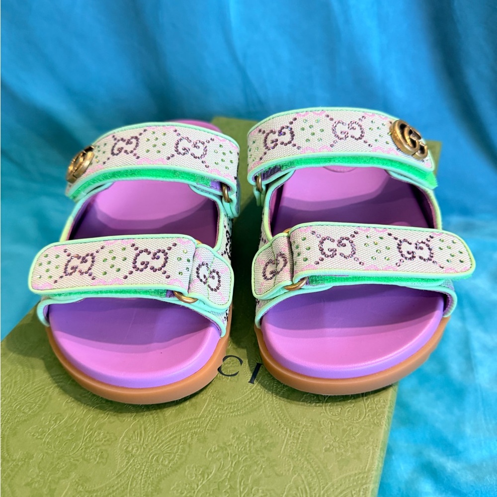 Gucci Purple and Mint Green GG Strap Sandals
